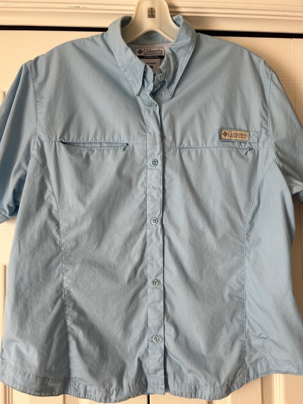 Columbia Petite SZ L Button Down Vented SS shirt Flamingo Bay